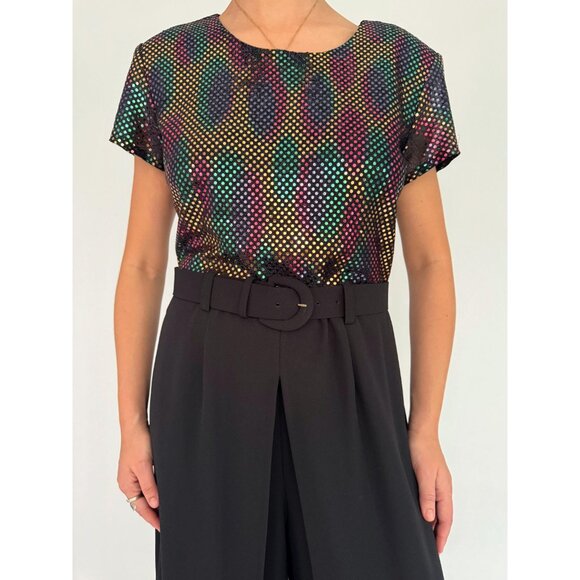 90s vintage black rainbow sequin dressy disco wide leg palazzo pant jumpsuit - Picture 9 of 10